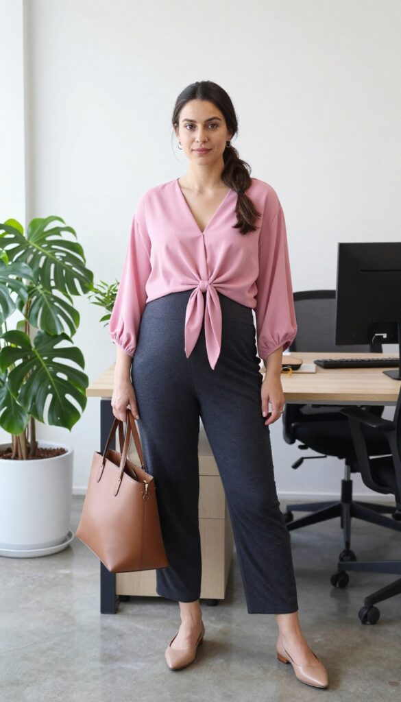 13. Maternity Dress Pants with a Flowy Blouse and Pointed Flats