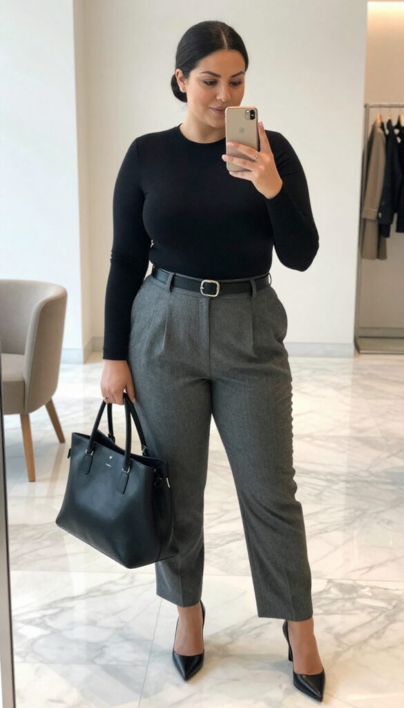11. Black Mock-Neck Bodysuit and High-Waisted Pleated Trousers