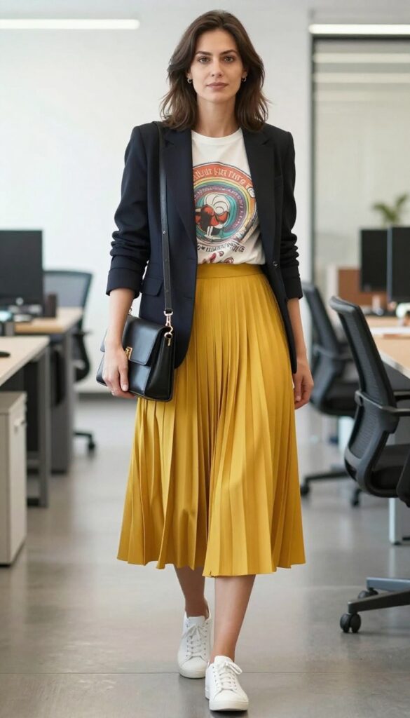 5. Pleated Skirt with a Graphic Tee and Blazer