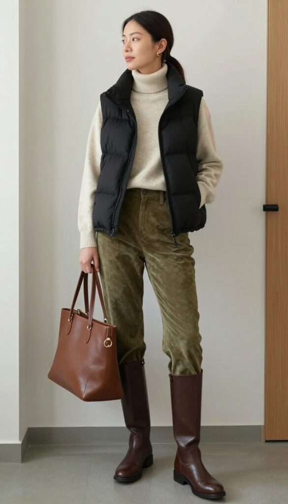 7. Puffer Vest with Cashmere Sweater and Corduroy Pants