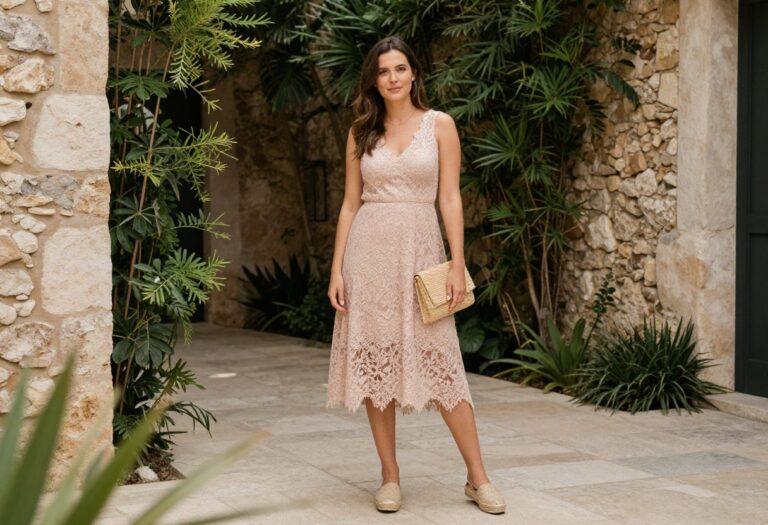 Woman in blush lace midi dress and espadrilles at a sunny courtyard wedding