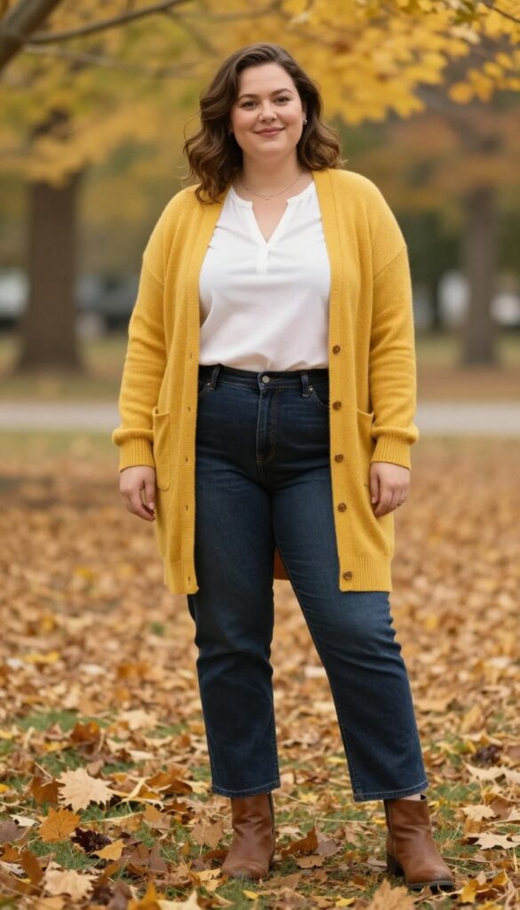 10. Mustard Yellow Cardigan with Dark Denim