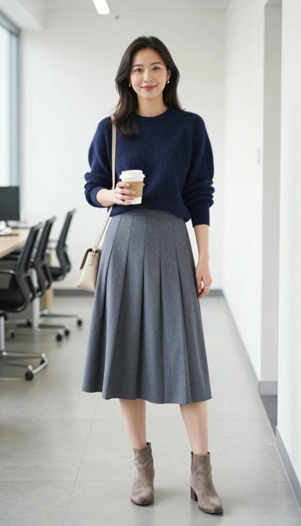 2. Navy Knit Sweater + Midi Skirt + Ankle Boots