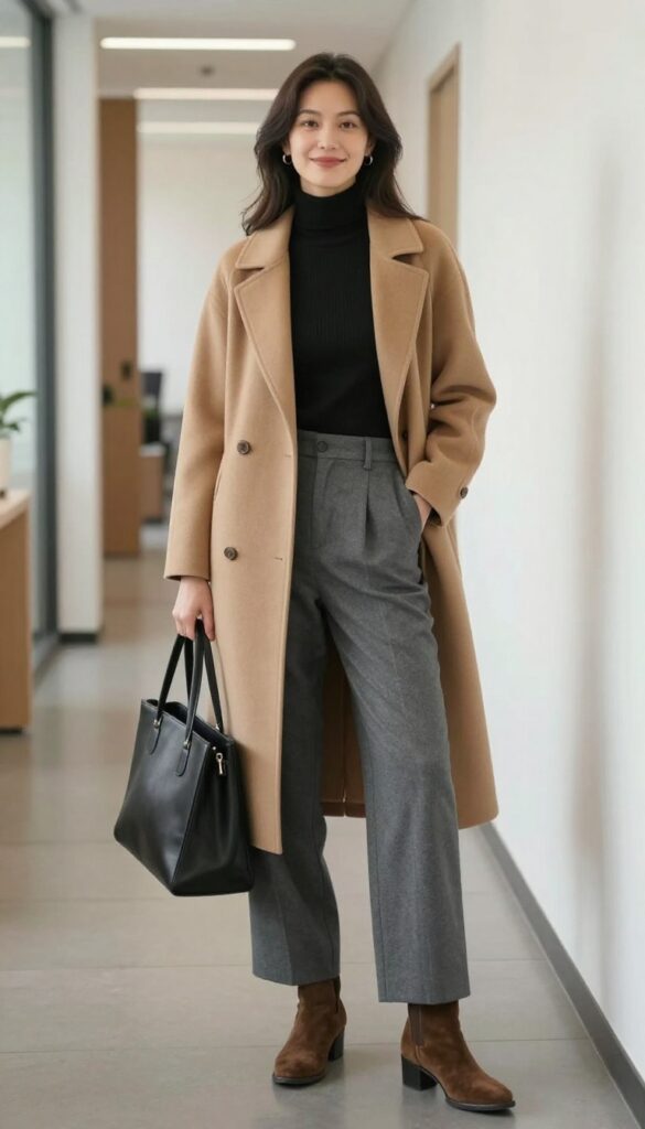 1. Camel Coat + Black Turtleneck + Grey Trousers + Brown Ankle Boots