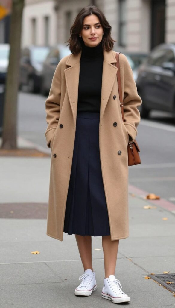 12. Turtleneck + Pleated Midi Skirt + High-Top Sneakers