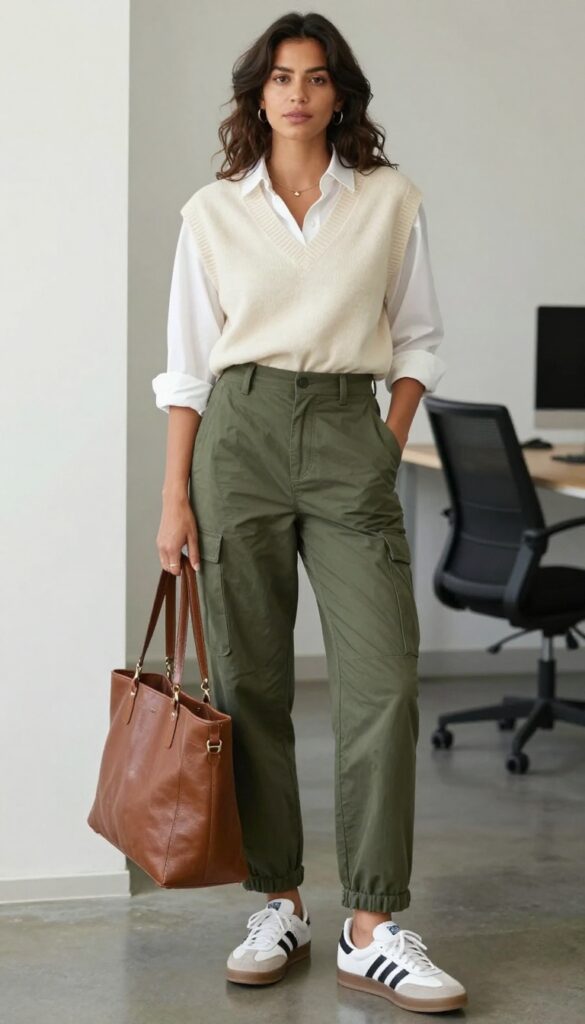 5. Sweater Vest + Button-Down + Cargo Pants + Retro Sneakers