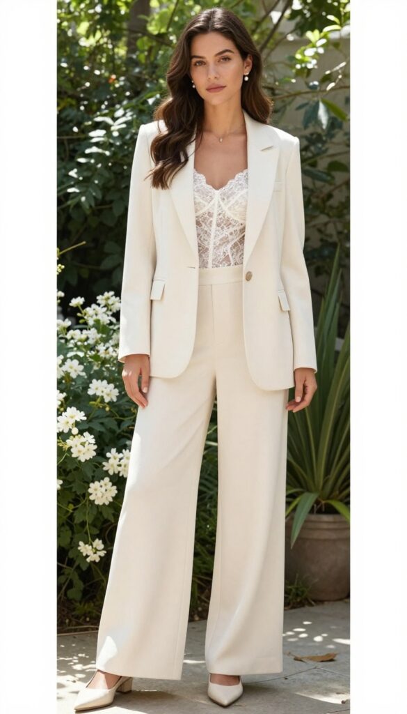 Bride in ivory pantsuit with lace bodysuit, pointed flats, minimal jewelry, sunlit garden setting