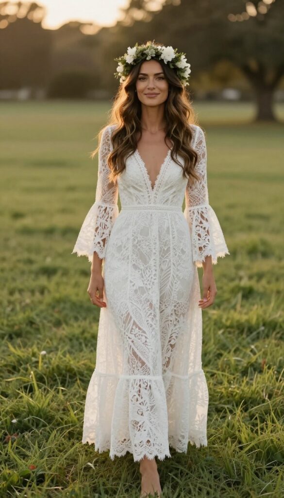 Young woman in white lace maxi dress with bell sleeves and flower crown at sunset