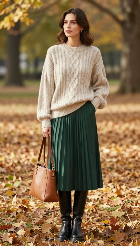 13. Chunky Sweater + Pleated Midi Skirt + Lug-Sole Boots
