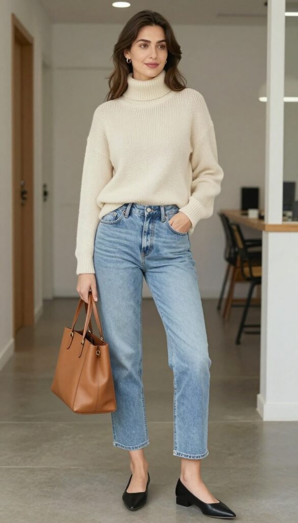 6. Turtleneck + Cropped Jeans + Pointed Flats