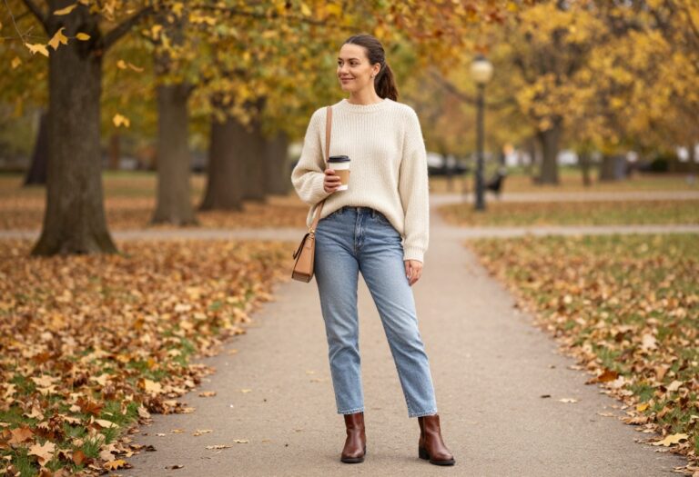 Woman in cream sweater and jeans with ankle boots on fall sidewalk
