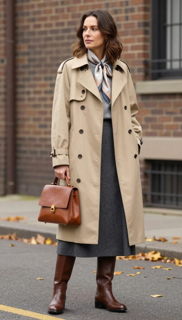 11. Trench Coat + Wool Maxi Skirt + Riding Boots
