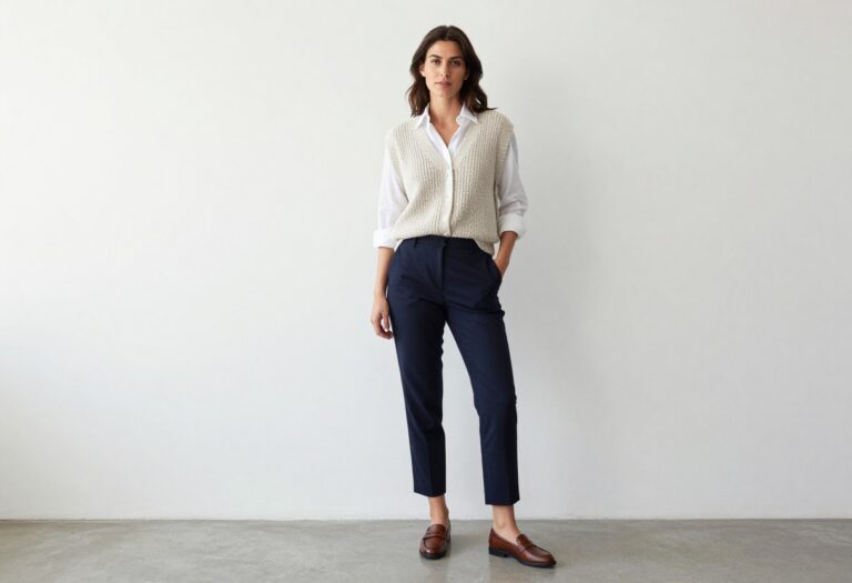 Woman in knit vest and trousers standing in office hallway