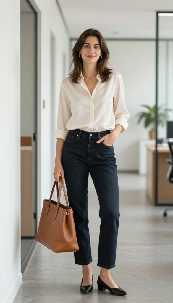 9. Silk Blouse with Dark Wash Jeans