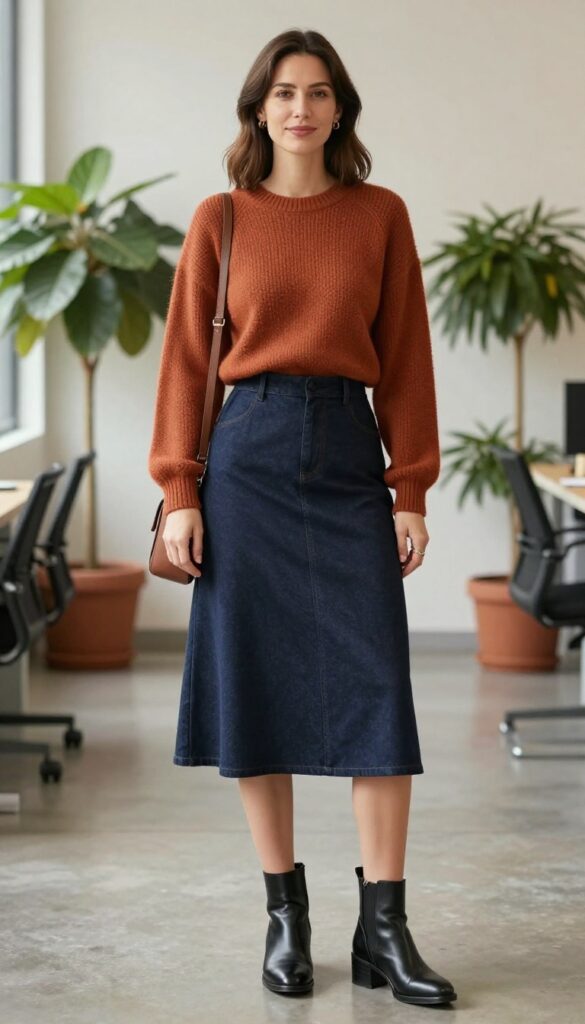 8. Chunky Sweater + Midi A-Line Skirt + Ankle Boots