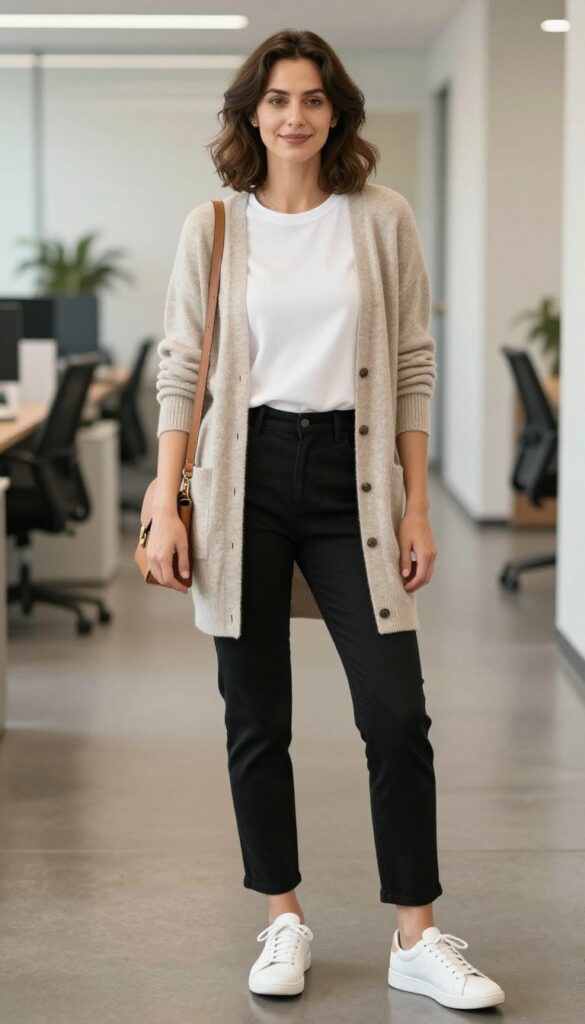 4. Cashmere Cardigan with Cropped Trousers