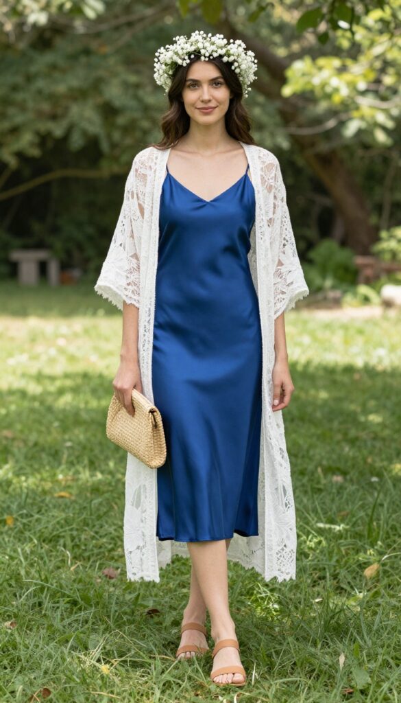 5. Boho Summer Elopement: Royal Blue Slip Dress with Lace Kimono