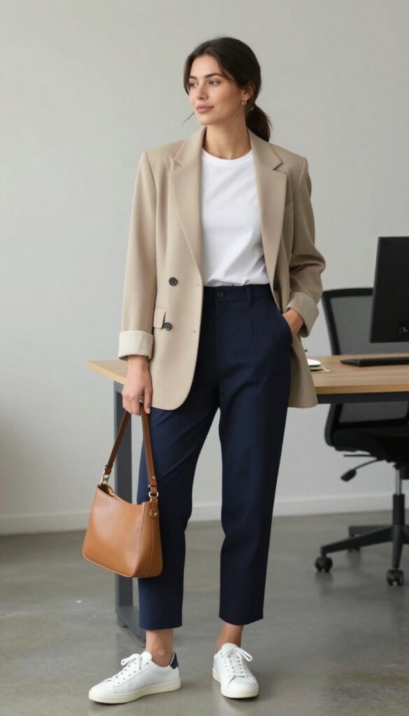 9. Layered Tee and Blazer with Cropped Trousers