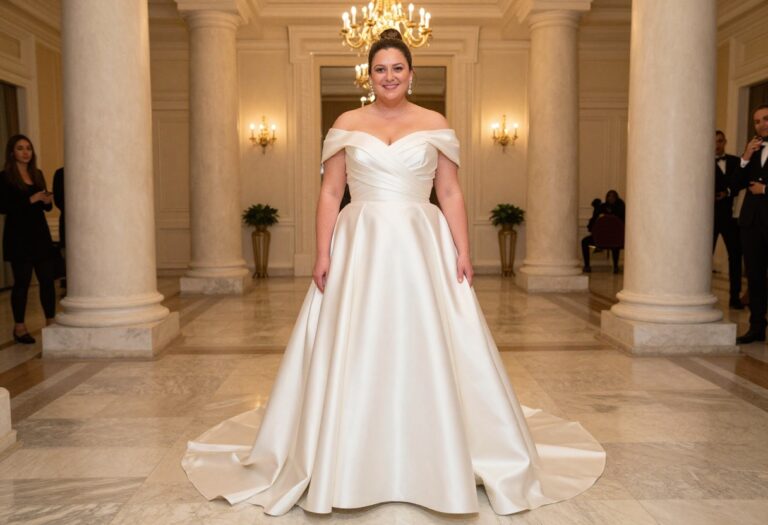 Woman in off-the-shoulder ivory ball gown standing in grand ballroom with chandeliers