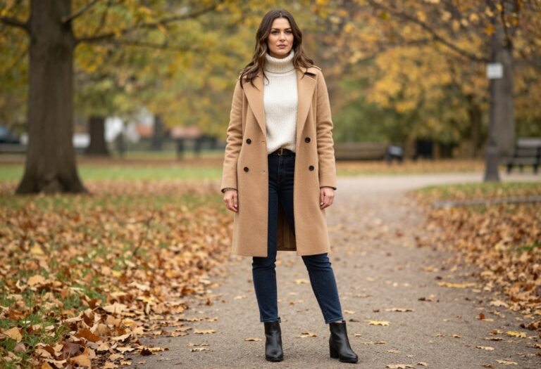 Woman in camel coat and cream turtleneck standing in autumn park
