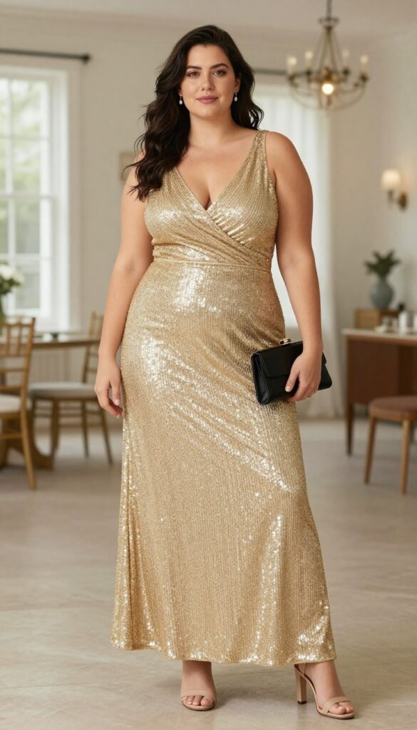 4. Sequined A-Line Gown with a Deep V-Neck