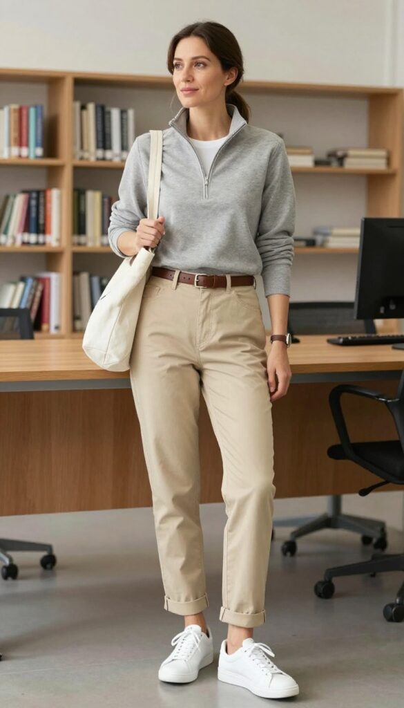 11. Quarter-Zip Pullover + Chinos + White Sneakers