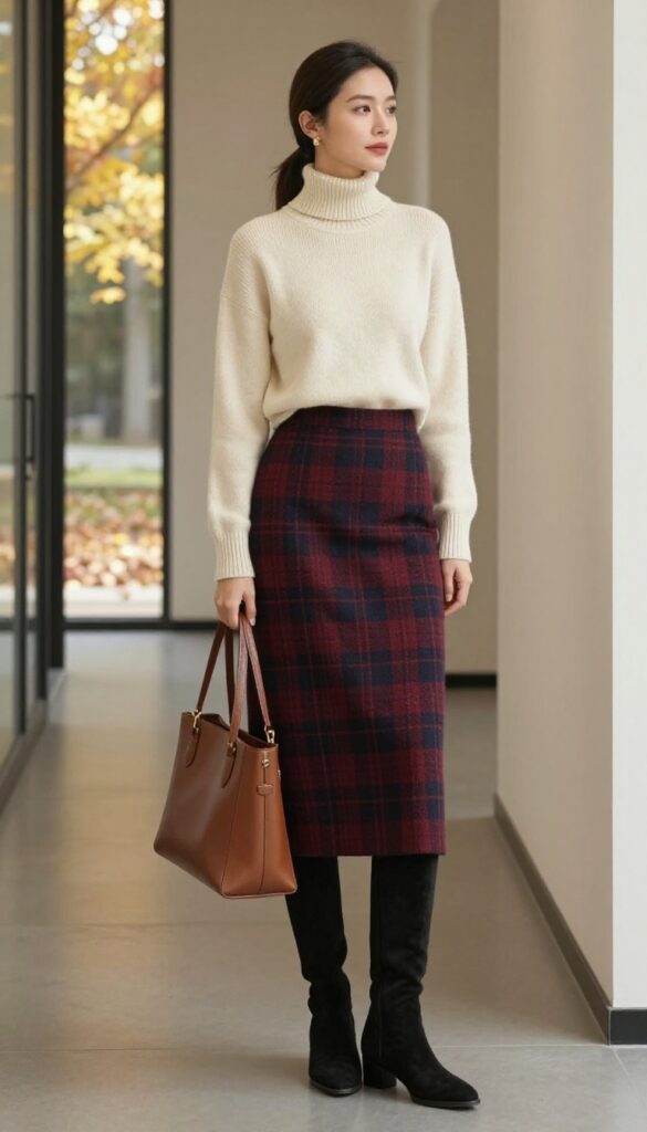 2. Turtleneck Sweater + Plaid Midi Skirt + Knee-High Boots