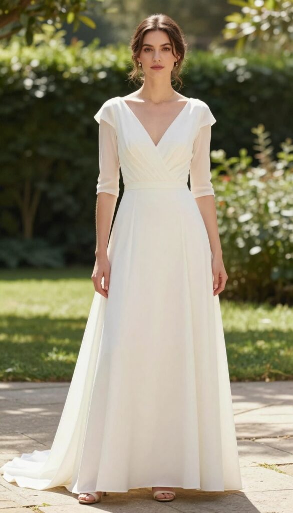 Bride in modern boho wedding dress with three-quarter sleeves and brush train standing in sunlit garden