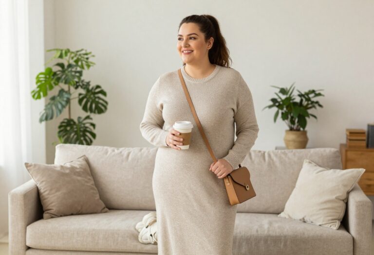 Plus size woman in a knit dress with sneakers, standing in a bright living room