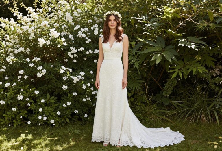 Woman in white lace wedding dress with floral crown in garden
