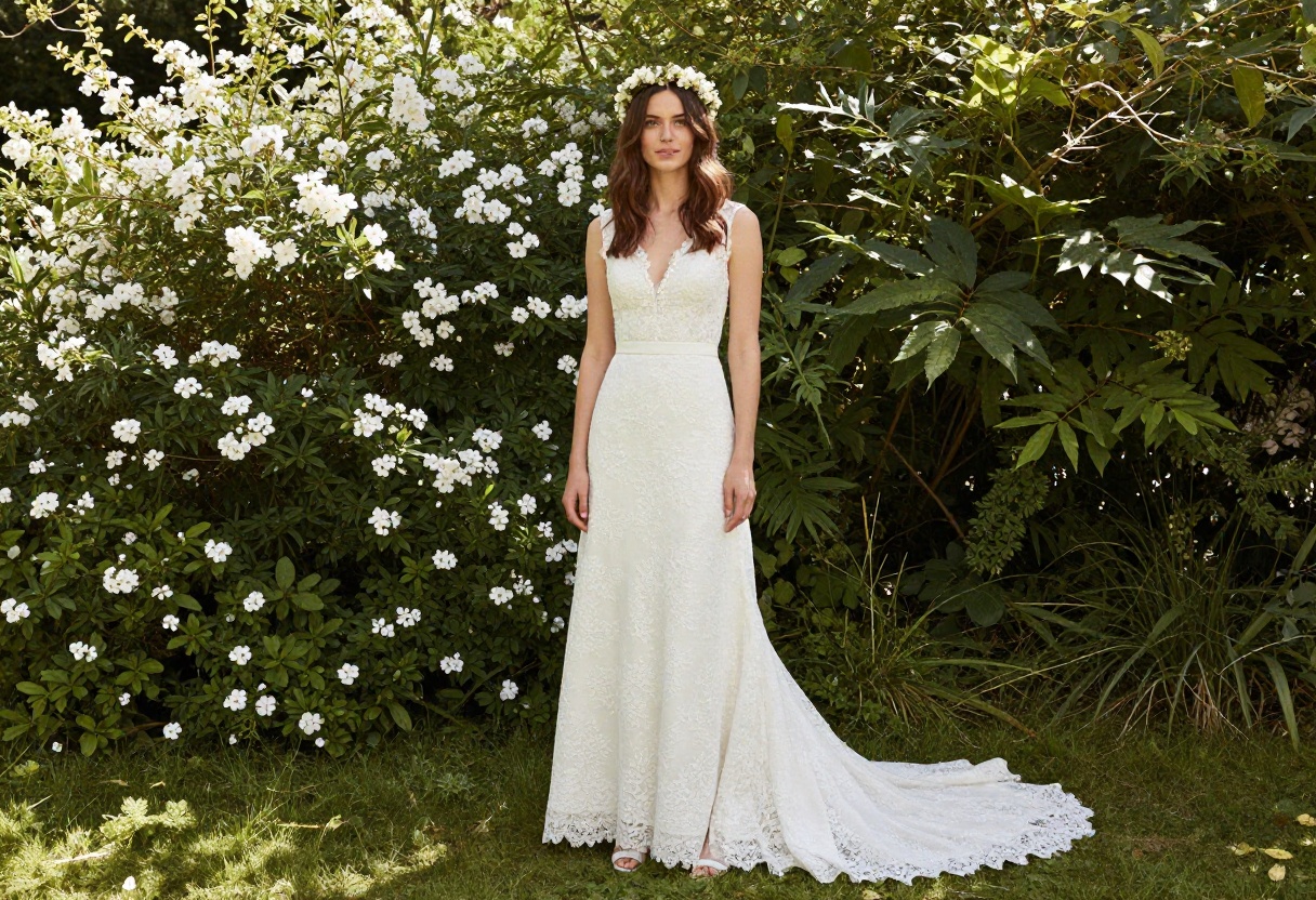 Woman in white lace wedding dress with floral crown in garden