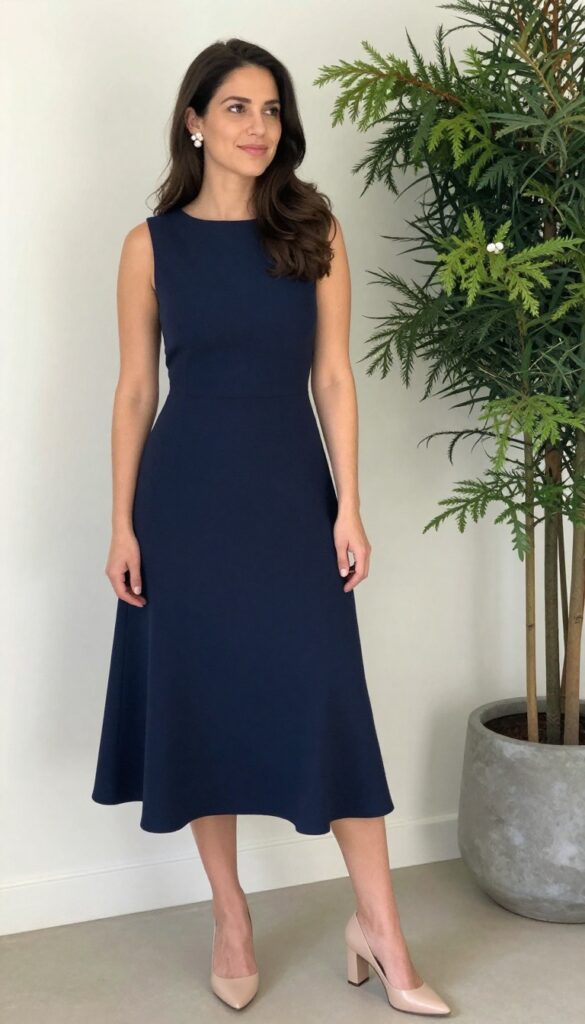 A woman in a navy blue midi dress with pearl accessories and nude heels, standing in an elegant wedding venue.