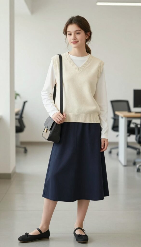 2. The Knit Vest and Midi Skirt Combo