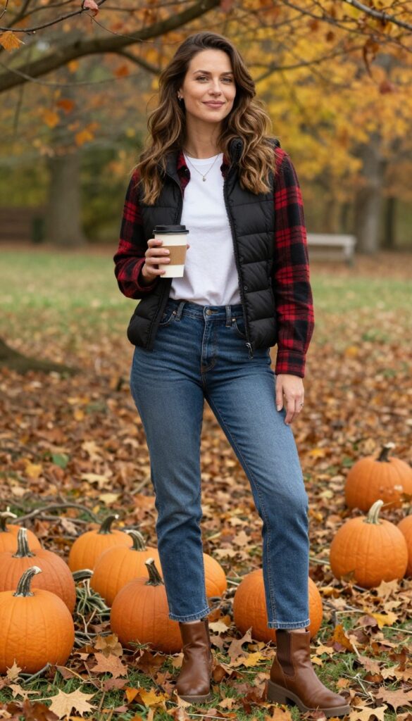 13. Flannel Shirt + Puffer Vest + Bootcut Jeans + Boots