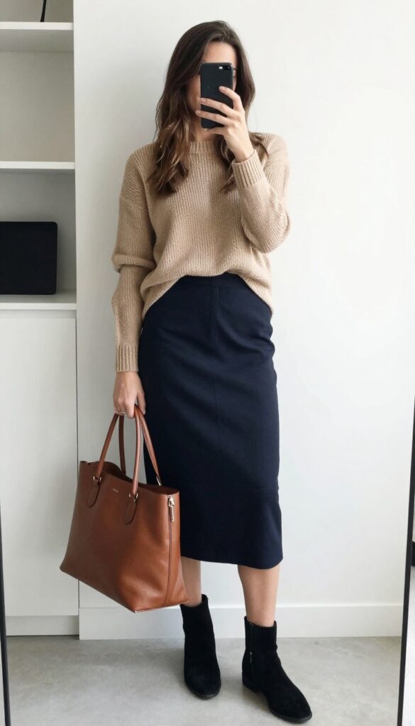 6. Cashmere Sweater + Midi Skirt + Knee-High Boots