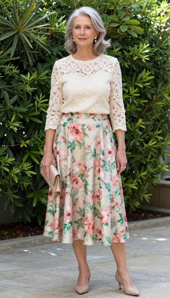 Elegant older woman in cream lace top and floral midi skirt, pearl earrings, nude pumps, beige clutch, standing in sunlit garden