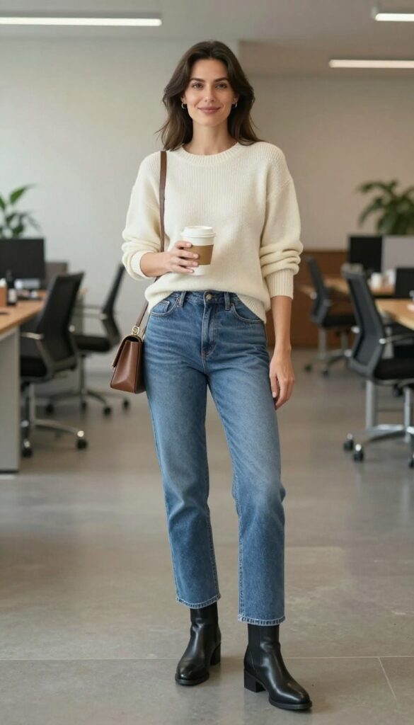 2. Tucked-in Sweater + Straight Leg Jeans + Ankle Boots