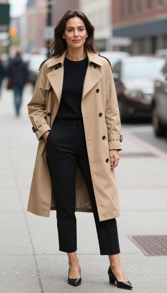 12. Trench Coat + Knit Top + Cigarette Pants + Pointed Pumps