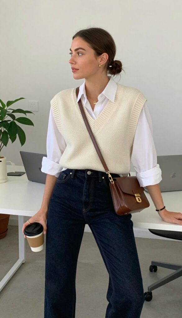 2. Knit Vest + Button-Down Shirt + Straight-Leg Jeans