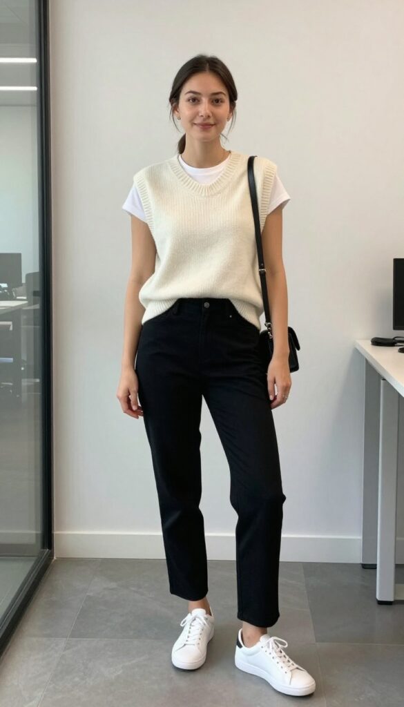 6. Knit Vest + White Tee + Black Slacks