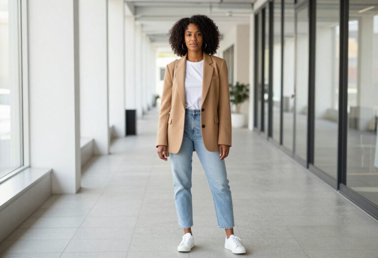 Black woman in casual work outfit with blazer, graphic tee, jeans, and sneakers in office hallway