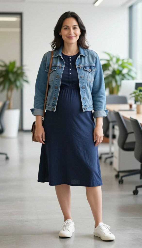 10. Empire-Waist Dress with a Denim Jacket