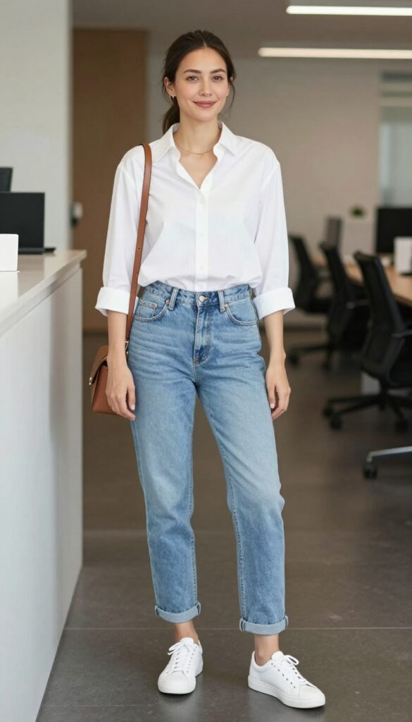 3. Button-down Shirt + Boyfriend Jeans + White Sneakers
