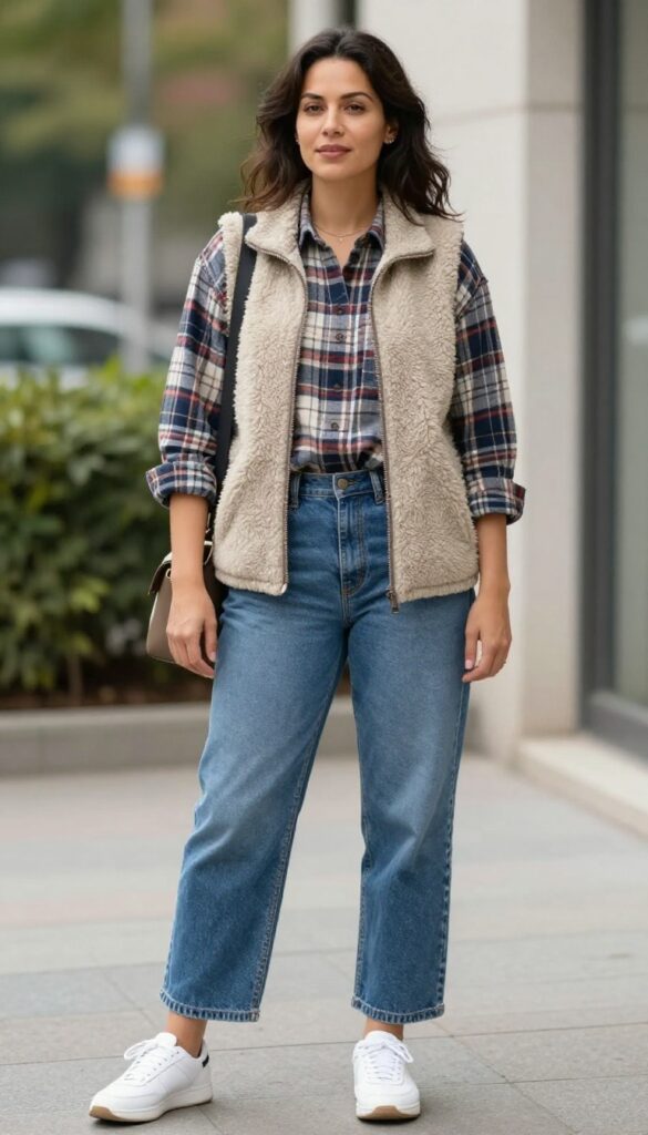 5. Fleece-Lined Vest over a Flannel Shirt and Straight-Leg Jeans