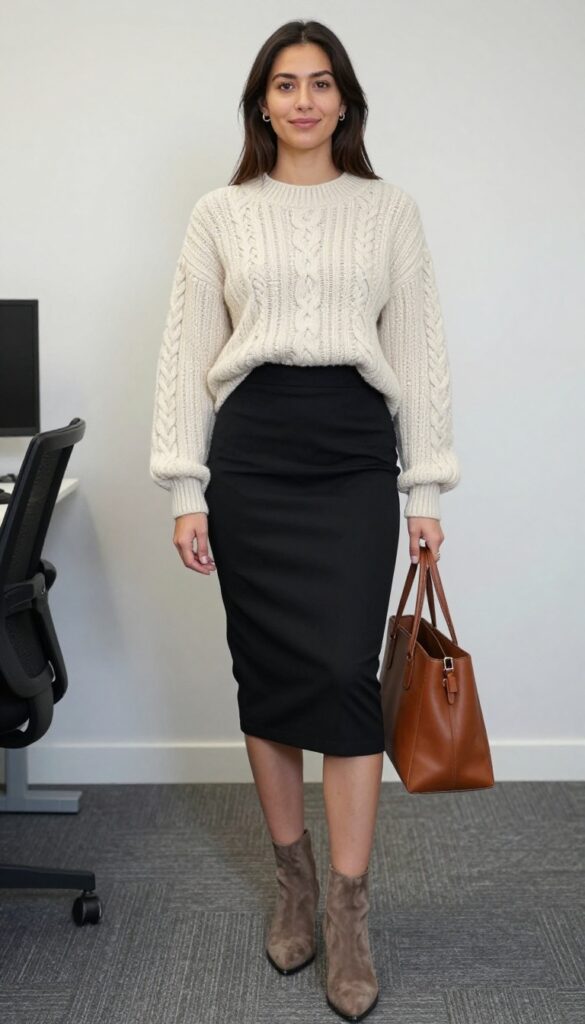 9. Pencil Skirt + Oversized Sweater + Ankle Boots