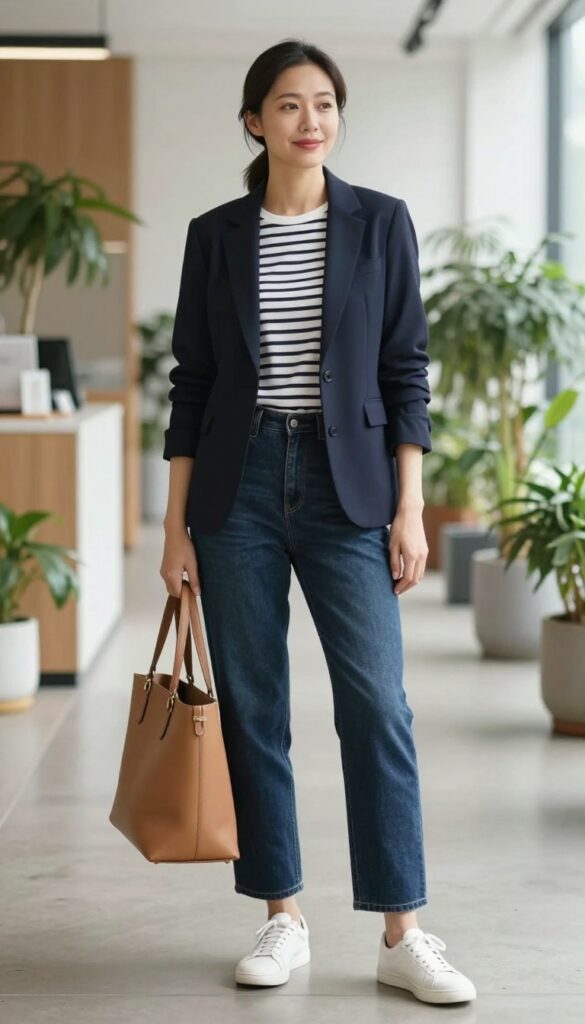 1. Blazer + Striped Tee + Straight-Leg Jeans