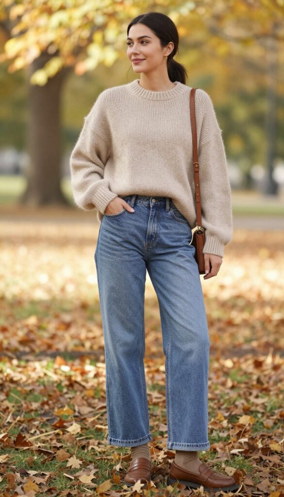 7. Chunky Knit Sweater with Wide-Leg Jeans and Loafers