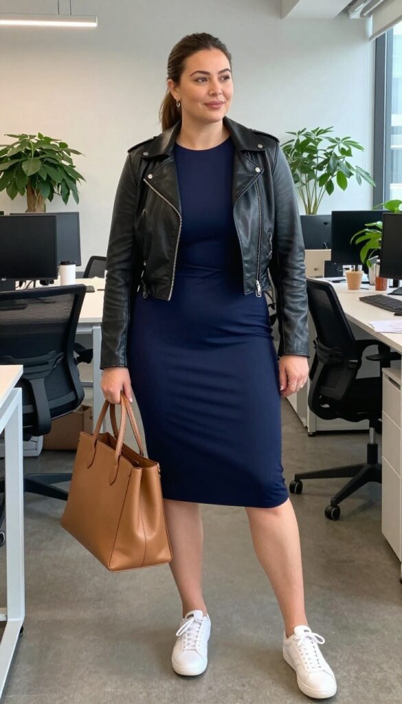 11. Shift Dress with a Leather Jacket