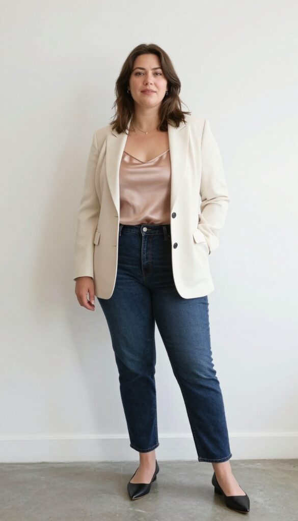1. Cream Blazer + Dark Wash Jeans + Pointed Flats