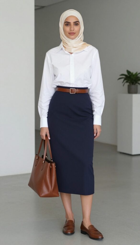 3. Button-Up Shirt + A-Line Skirt + Leather Belt